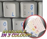 TURKISH Q KEYBOARD STICKERS WITH BLUE LETTERING ON TRANSPARENT BACKGROUND