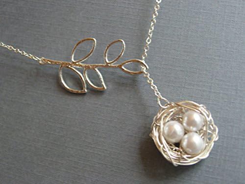 Mothers Necklace, Silver Bird Nest Necklace, Silver Lariat Branch Necklace