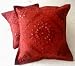 2 Red Handcrafted Ethnic Mirror Work Embroidery Indian Throws Pillow Cases Toss Cushion Covers