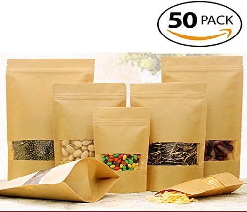 Metoke 50pcs Window Kraft Paper Bags Standing Window For Tea Food Nuts Sealed Bags (Square Window Visible, 12*20)