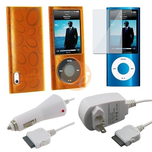 Ellipse Orange TPU Rubber Skin Case for iPod Gen5 Nano + Car Charger + Travel Charger + Screen Protector