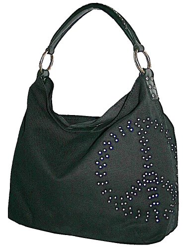  Lucky Brand Studded Peace Black Canvas Hobo Bag Handbag Purse