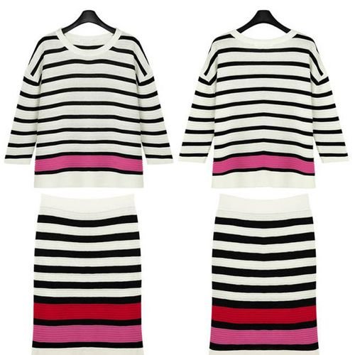 (ミュゲショップ) Muguet Shop ボーダー柄 ストライプ 差し色 5分袖 五分袖 丸首 丸ネック Uネック シャツ Tシャツ ブラウス トップス カットソー タイト スリム 細身 膝上 ひざ上 ショート丈 ミニ丈 タイトスカート ミニスカ ミニスカート スカート ボトムス 2点セット 上下セット セット レディース アパレル ファッション 服 洋服 ホワイト 白 フリーサイズ FREE【アクセサリー オリジナル セット】