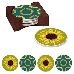 Absorbent Coaster Set w/Caddy, Sunflower Scape