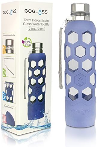 Insane Sale! GoGlass Terra Borosilicate Glass Water Bottle With Silicone Sleeve 24oz, No Plastic, Modern Large Drinking Reusable Travel Bottles (Blue)