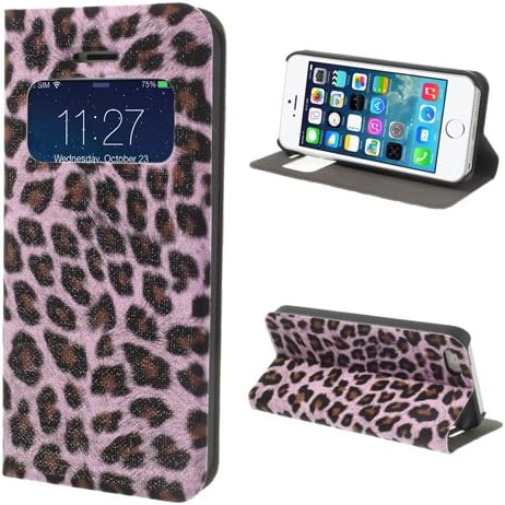 XAiOX Apple iPhone 5 5S Leopard Glittery Leather Stand Window Cover (Pink/Black)