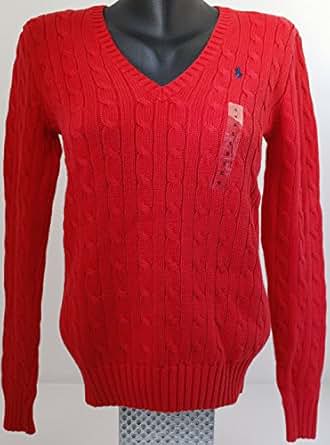 BRAND NEW WOMENS POLO RALPH LAUREN V-NECK RED CABLE KNIT SWEATER JUMPER WITH NAVY PONY *SMALL 