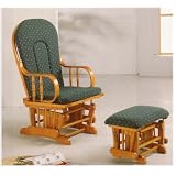 2pc OAK FINISH GLIDER ROCKER W. OTTOMAN, GREEN CUSHIONS by Cross Country Furniture