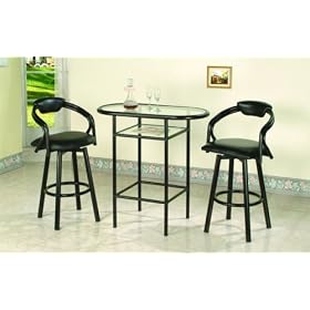 BLACK FINISH GLASS TOP BAR TABLE SET WITH 2 SWIVEL BAR STOOLS by The Furniture Cove