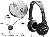 Sony Walkman Portable All-in-one MP3 / Skip-Free CD Player / Digital FM Radio Tuner with Remote Control, Earbud Headphones, 40 preset FM stations, Digital Mega Bass Sound, AVLS & CD-R/RW MP3 Playback ** Batteries Included ** + Additional Studio Monitor Series Headphones