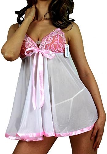 Agegg Women's Transparent Sleepwear Sexy Pretty Lingerie Lace Splicing Dress with T-back