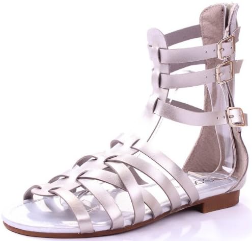 Atta4 Sliver Leatherette Buckles Strappy Roman Gladiator Mid-calf Comfort Flat Sandals-10