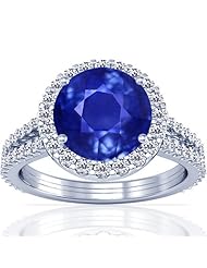 18K White Gold Round Cut Blue Sapphire Ring With Sidestones