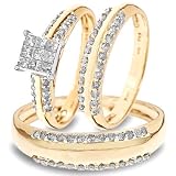 1 CT. T.W. Round, Princess Cut Diamond Three Ring Matching Wedding Ring Set 10K Yellow Gold Three Ring - Ladies Engagement Ring, Wedding Band & Mens Wedding Band - Free Gift Box -