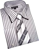 Tessori White/Black Stripes Double Collar Dress Shirt/Tie/Hanky Set