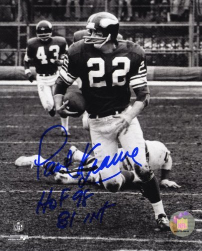 Paul Krause Autographed Photograph | Details: Minnesota Vikings, HOF 98 and 81 INT Inscriptions, 8x10