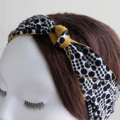 Silk Head scarf Black and White Polka Dots Yellow ribbon lining