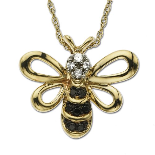 14k Yellow Gold Black and White Diamond Bee Pendant (.05 cttw, J Color, I2 Clarity)