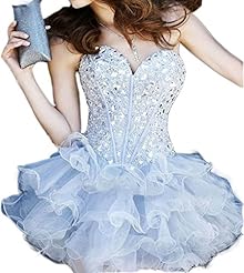 Organza Beaded   Crystal Lace-Up Short Sweetheart Homecoming Dress/Wedding Dress  With Rhinestones and Ruffles