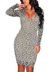 V-neck Long Sleeves Animal Print Leopard Print Polyester/Spandex Lace Sheer Bodycon Dress/Club Dress/Mini Dress 