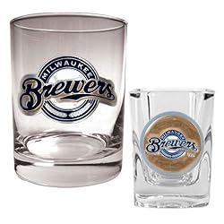 Milwaukee Brewers MLB Rocks Glass & Square Shot Glass Set - Primary Logo by Great American Products