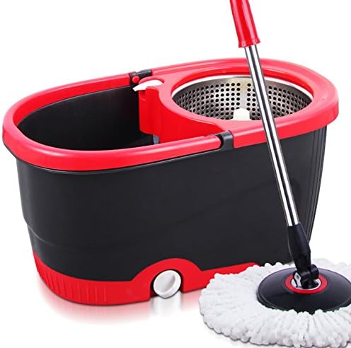 BJHS Double Drive 360 Degree Spinning Magic Mop Bucket Sysytem with 2 Microfiber Mop Heads (RED)