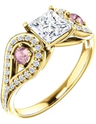 18K Yellow Gold Round Cut White and Pink Diamond Ring -- LIFETIME WARRANTY