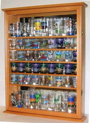 Large 72 Shot Glass Display Case Cabinet Rack Holder-Glass Door, Mirror Back-(SC13-OAK)
