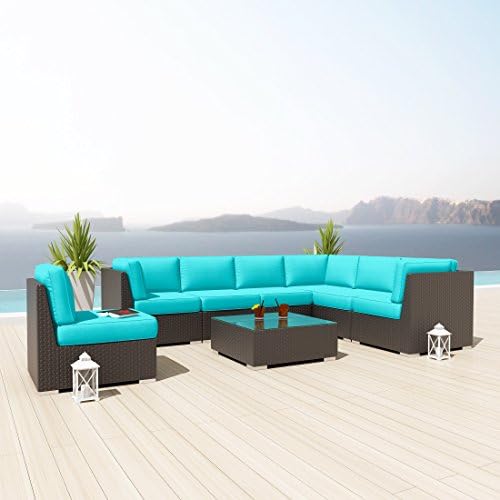 NEW Uduka Kahlo 8 Pcs Outdoor Turquoise Sectional Patio Furniture Espresso Brown Wicker Sofa Set All Weather Couch