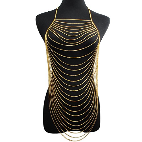 Jane Stone Gold Tone Bohemian Layered Sexy Bralette Body Chain Statement Beach Jewelry(Fn1805)
