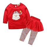 AmazingDeal 子供服 女の子 クリスマス サンタ ストライプ ボンボンスカート 長袖　春秋冬 上下セット 綿製品 衣装 可愛い (80)