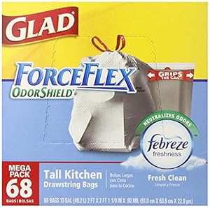 Glad ForceFlex OdorShield Tall Kitchen Drawstring Trash Bags, Fresh Clean, 68 Count