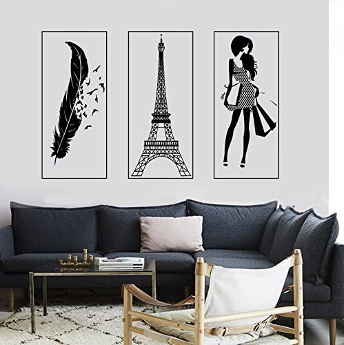 ChrisGDodge Wall Sticker Home Decor Wall Decor Paris Eiffel Tower Feather Romantic Sexy Girl Fashion France Three Peace Set