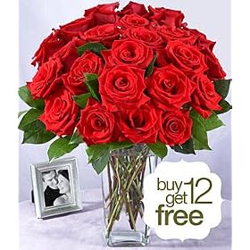 Flowers - Dozen Red Roses + 12 FREE with Vase