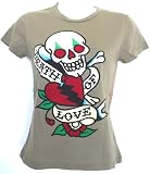 Ed Hardy Womens Short Sleeve Tee Shirt - Skull & Heart Design (Olive Green)