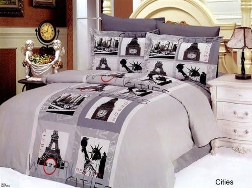 Le Vele - Cities - 6 Pc. Full/Queen Duvet Cover Bedding Set (1 Duvet Cover, 1 Flat Bed Sheet, 2 Shams, 2 Pillow Cases) - Includes a Gift Box and Gift Bag - SAVE BIG ON BUNDLING!