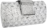 White Enchanting Vintage Lace Sprinkle Bling Rhinestones Closure Hard Case Baguette Evening Clutch Purse w/Detachable Shoulder Chain