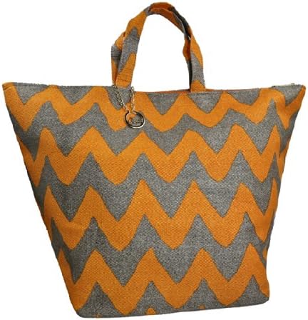 Extra Large Woven Straw Beach Tote Orange Chevron Print Zip Top Lined