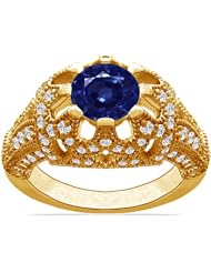 18K Yellow Gold Round Cut Blue Sapphire Ring With Sidestones (GIA Certificate)
