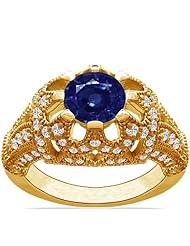 14K Yellow Gold Round Cut Blue Sapphire Ring With Sidestones (GIA Certificate)