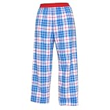Patriotic Red White Blue tartan plaid check flannel cotton pants for lounging, sleep, sports. Unisex relaxed fit, available in 3 Youth sizes, exposed elastic waist