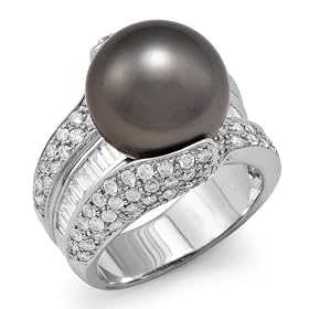 Tahitian Black Pearl Ring with Diamonds in 14K White Gold by Maui Divers of Hawaii