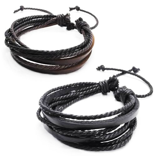 Forfamilyltd 2-pack + Extra Bracelet Gift Leather Rope Black & Brown Unisex Surfer Wrap Bracelets - Adjustable Wristband