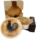 Chickens or Rooster Motif Absorbent Stone Ceramic Coasters in Wood Holder, Wine Themes, 2 designs