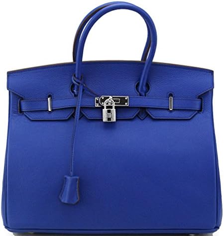 Genuine Leather Designer Inspired Fashion Satchel Handbag With Padlock (Electronic Blue+Silver Hardware)