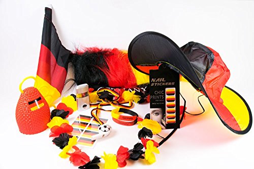 Fanartikel, Fanset Deutschland EM, WM, Fanpaket zur Europameisterschaft 2016, Schminke, Fahnen, Brille, Pfeife, Hut, Autofahne, Bandana, Tattoos, Fingernägel, Caxirola … (Fanset für Frauen)
