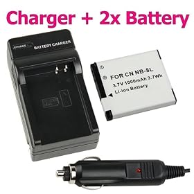 eForCity Replacement NB-8L Li-ion Battery (2 Pack) + Battery Charger w/ Car Adapter for Canon PowerShot A3000 / A3100