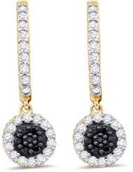 10K Yellow and White Two 2 Tone Gold Round Brilliant Cut Black and White Diamond - Flower Shape Channel Set Dangle Earrings - (1/2 cttw.)
