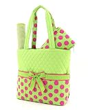 Belvah Large 3 Piece Quilted Monogrammable Baby Diaper Bag Tote w/ Matching Changing Pad and Zippered Wipes Bag - Lime Green & Hot Pink