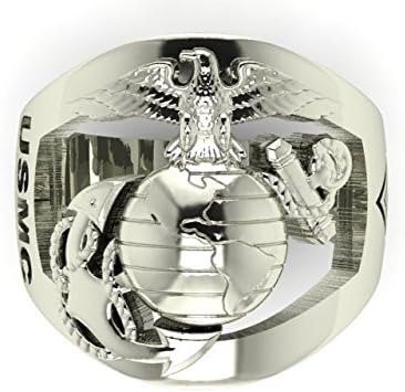 18K White Gold Marine Corps Ring with Open Back Eagle Globe and Anchor, USMC and 1STSgt Rank MR40